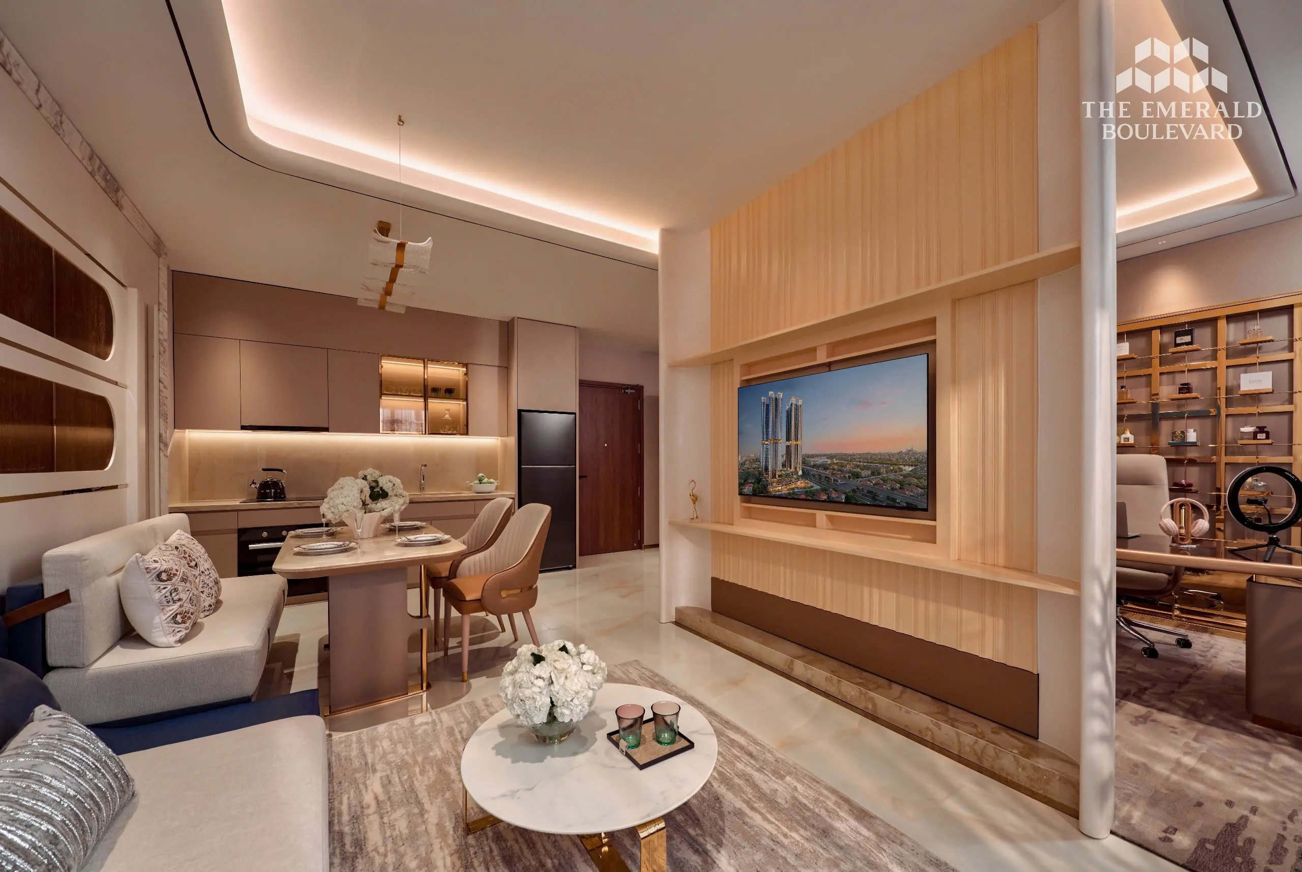 Không gian liên thông phòng khách bếp và góc làm việc căn hộ mẫu 2PN The Emerald Boulevard