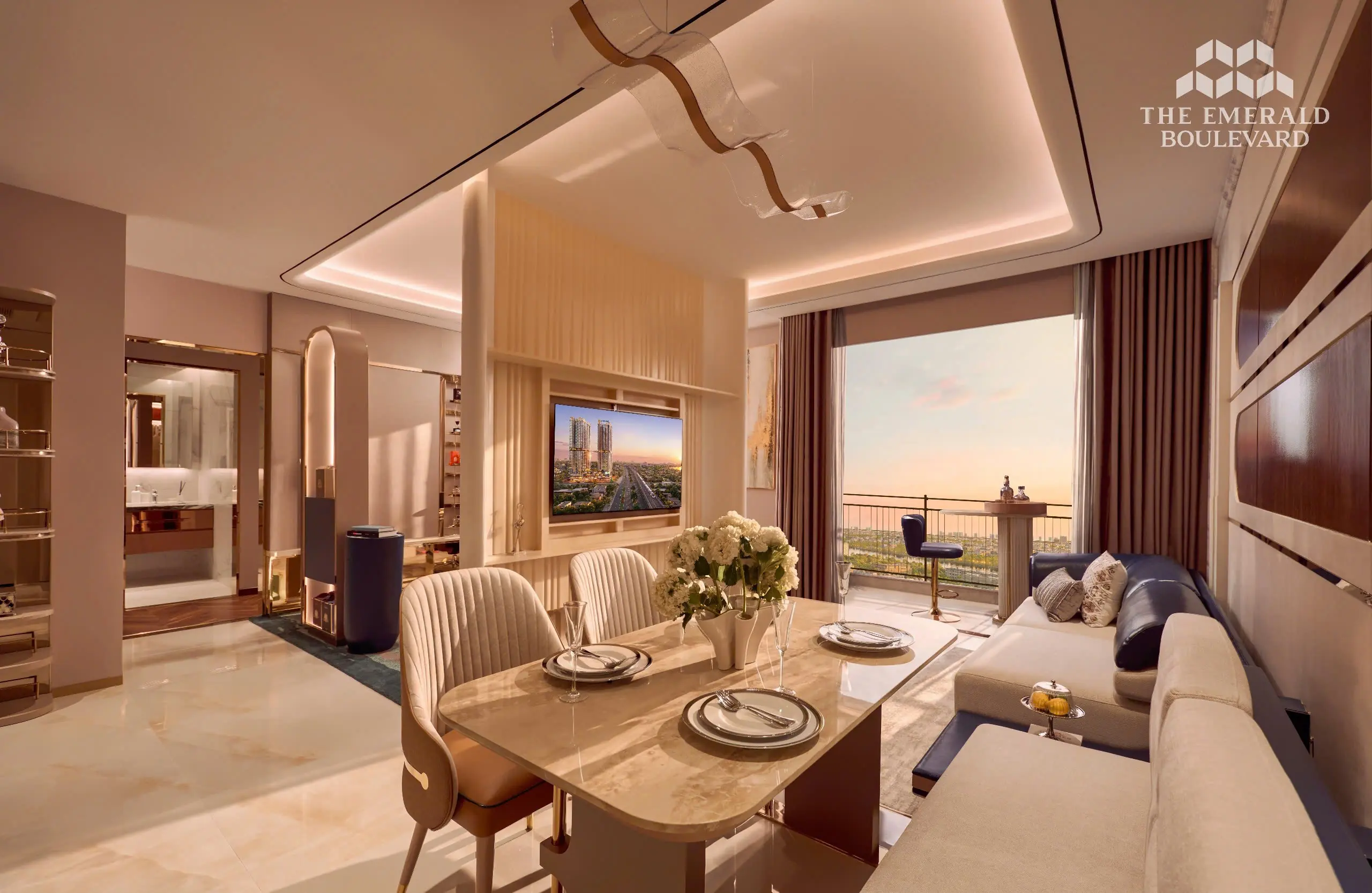 Căn hộ mẫu 2PN The Emerald Boulevard với phòng khách bàn ăn và ban công đón sáng