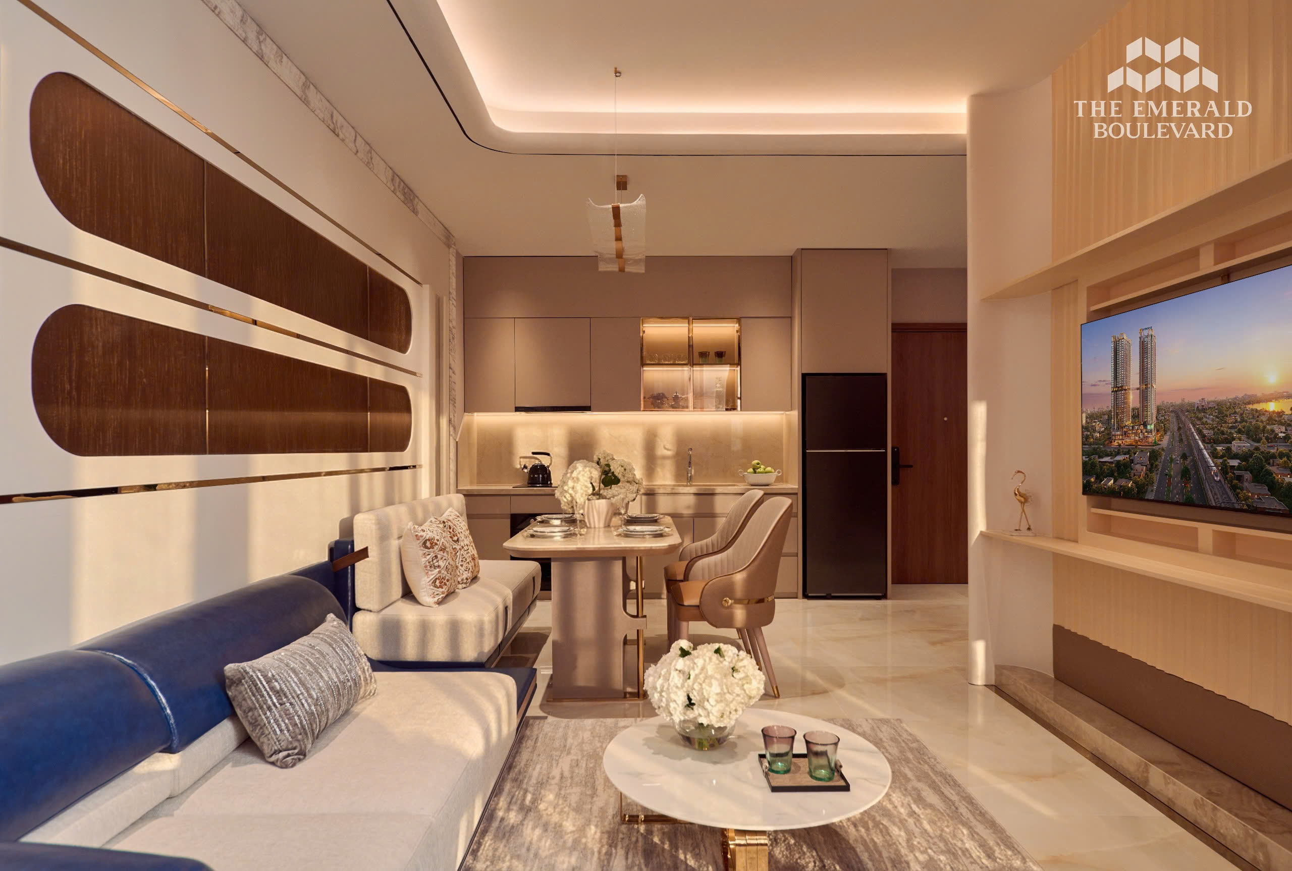 Phòng khách và bếp căn hộ mẫu 2PN The Emerald Boulevard