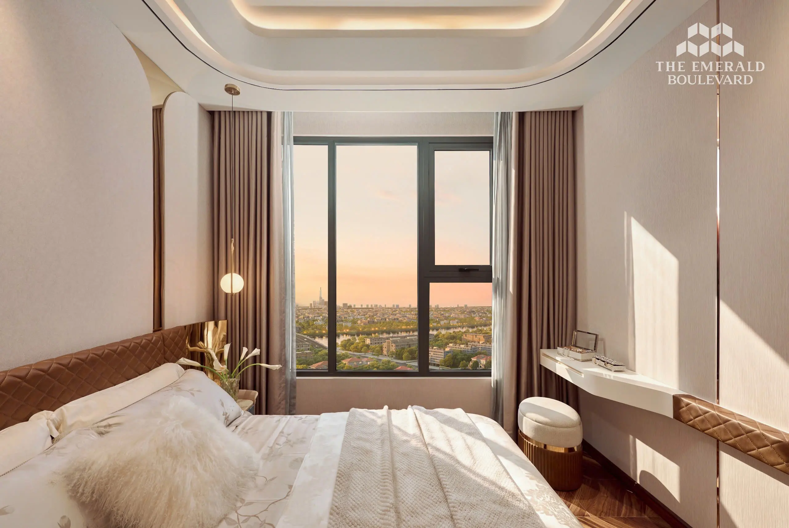 Phòng ngủ căn hộ mẫu 2PN The Emerald Boulevard đón ánh sáng tự nhiên