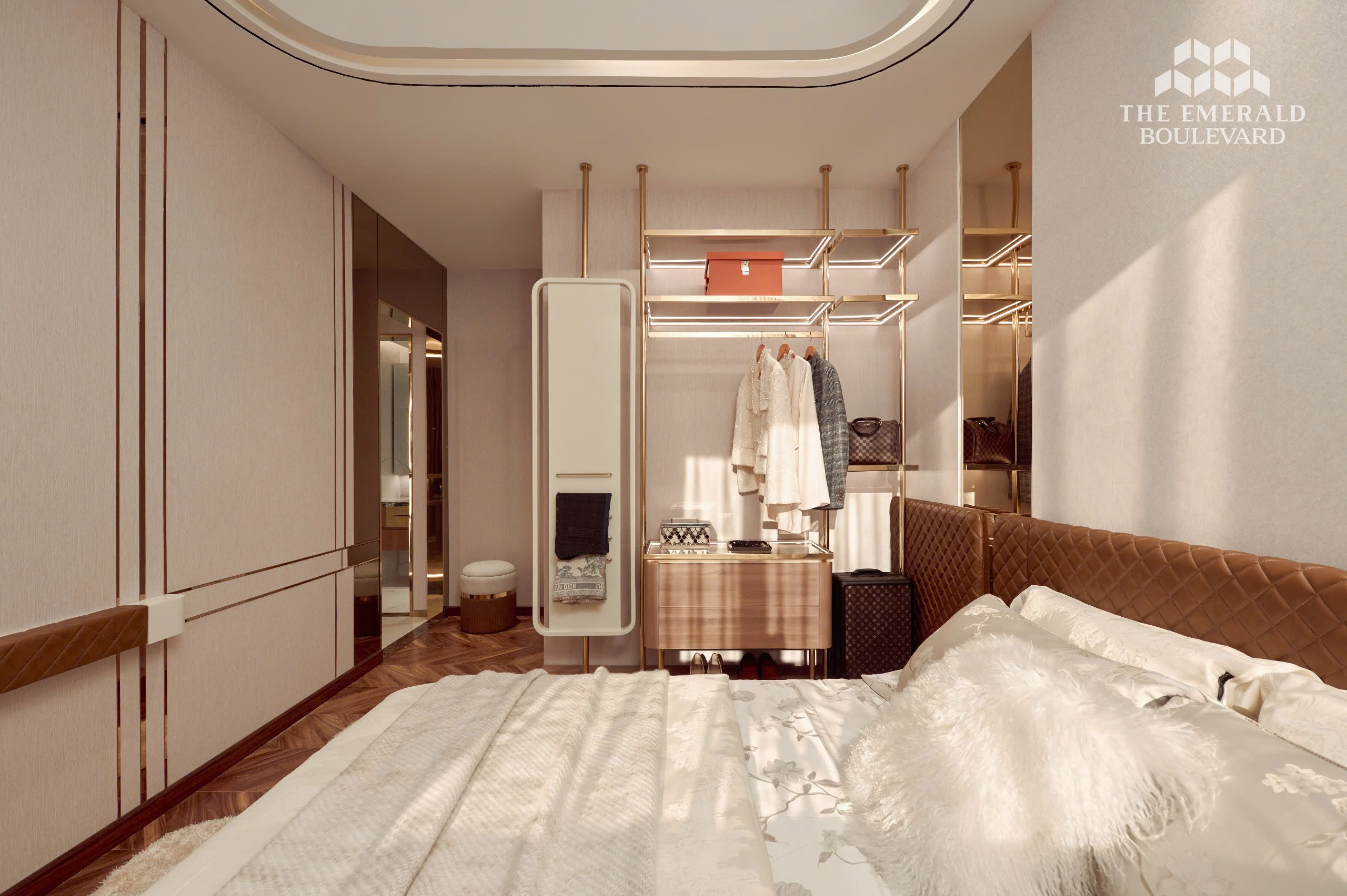 Phòng ngủ và hệ tủ căn hộ mẫu 2PN The Emerald Boulevard