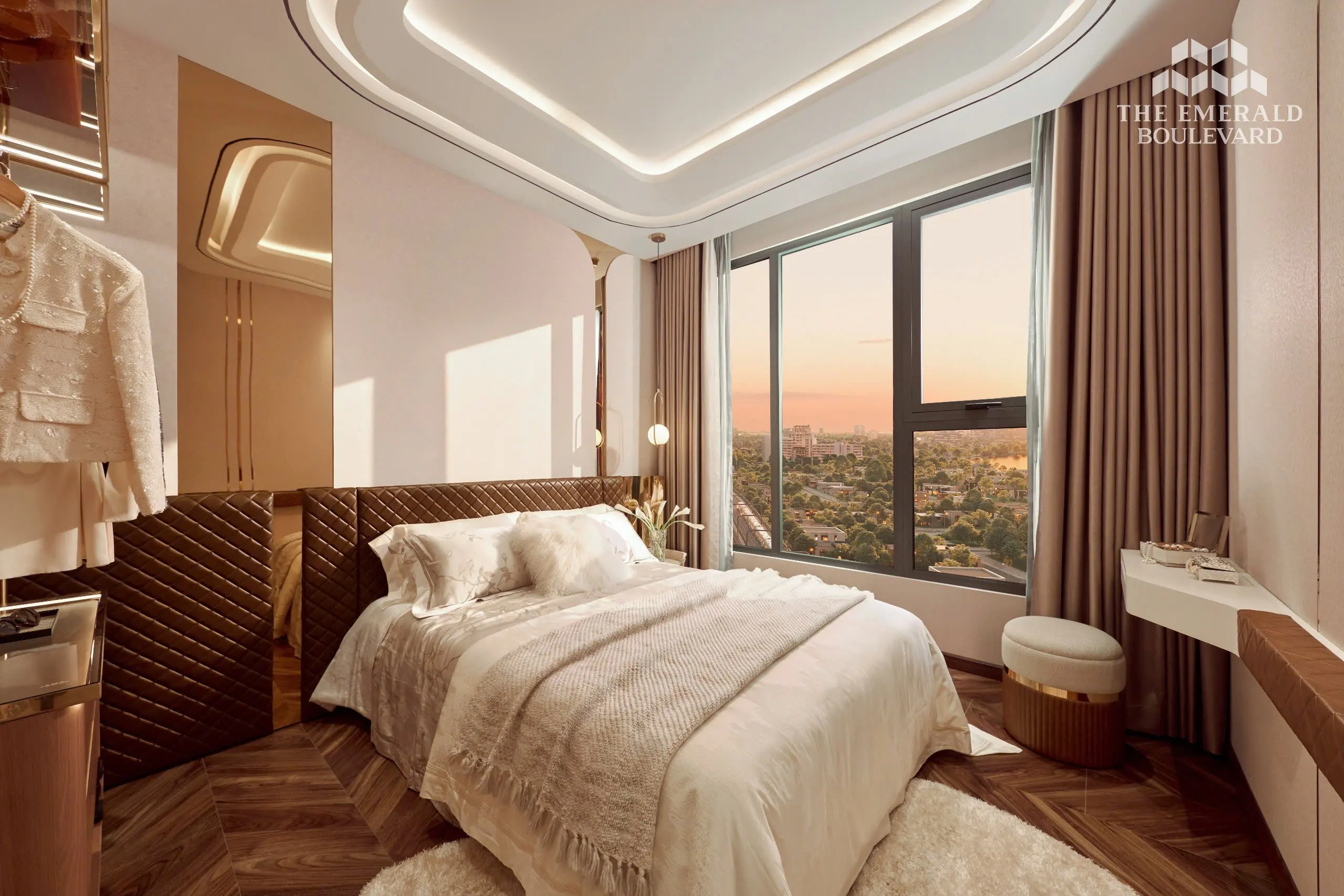 Phòng ngủ căn hộ mẫu 2PN The Emerald Boulevard với cửa sổ lớn và hệ tủ