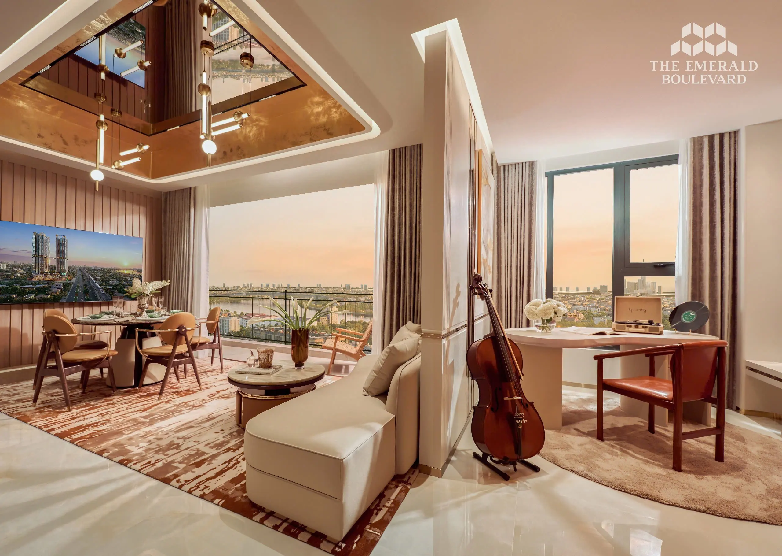 Góc làm việc cạnh phòng khách căn hộ mẫu 3PN The Emerald Boulevard