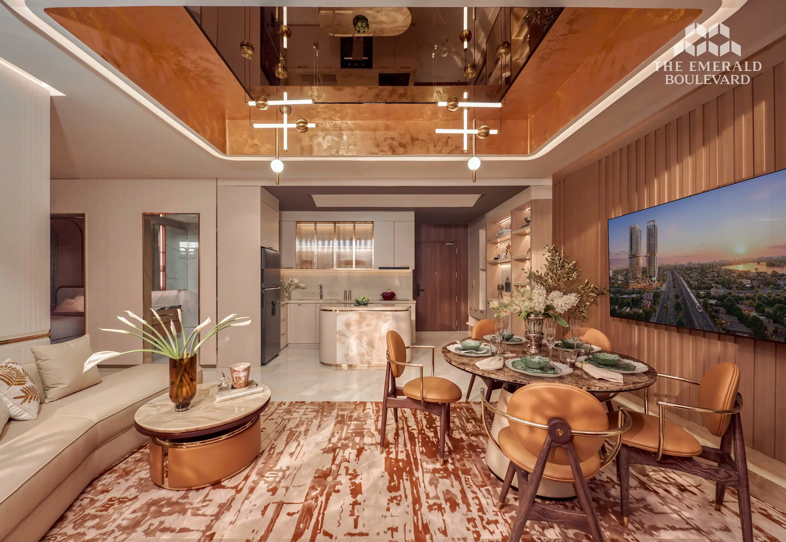 Phòng khách và bàn ăn căn hộ mẫu 3PN The Emerald Boulevard