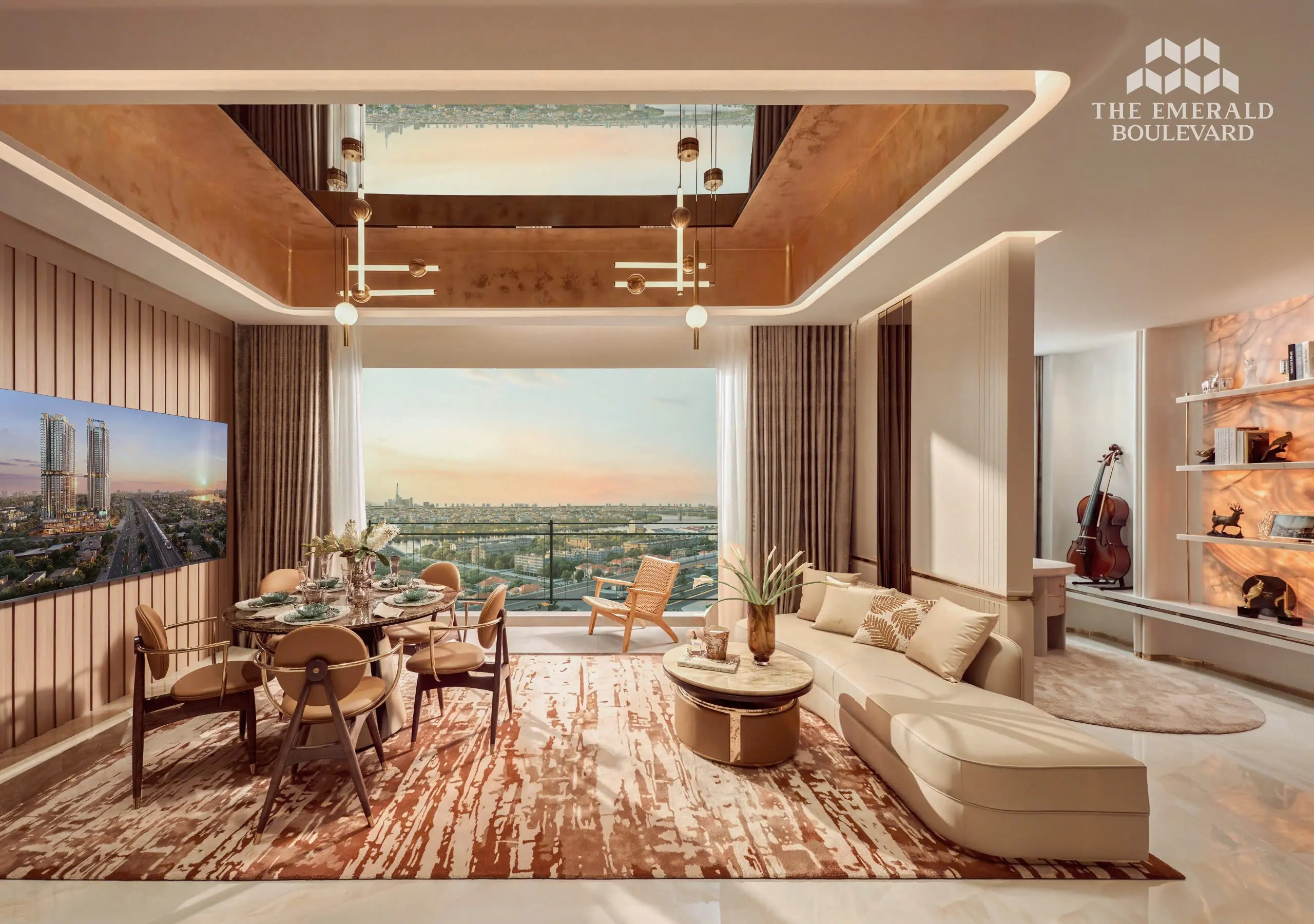 Không gian căn hộ mẫu The Emerald Boulevard với phòng khách bàn ăn và ban công