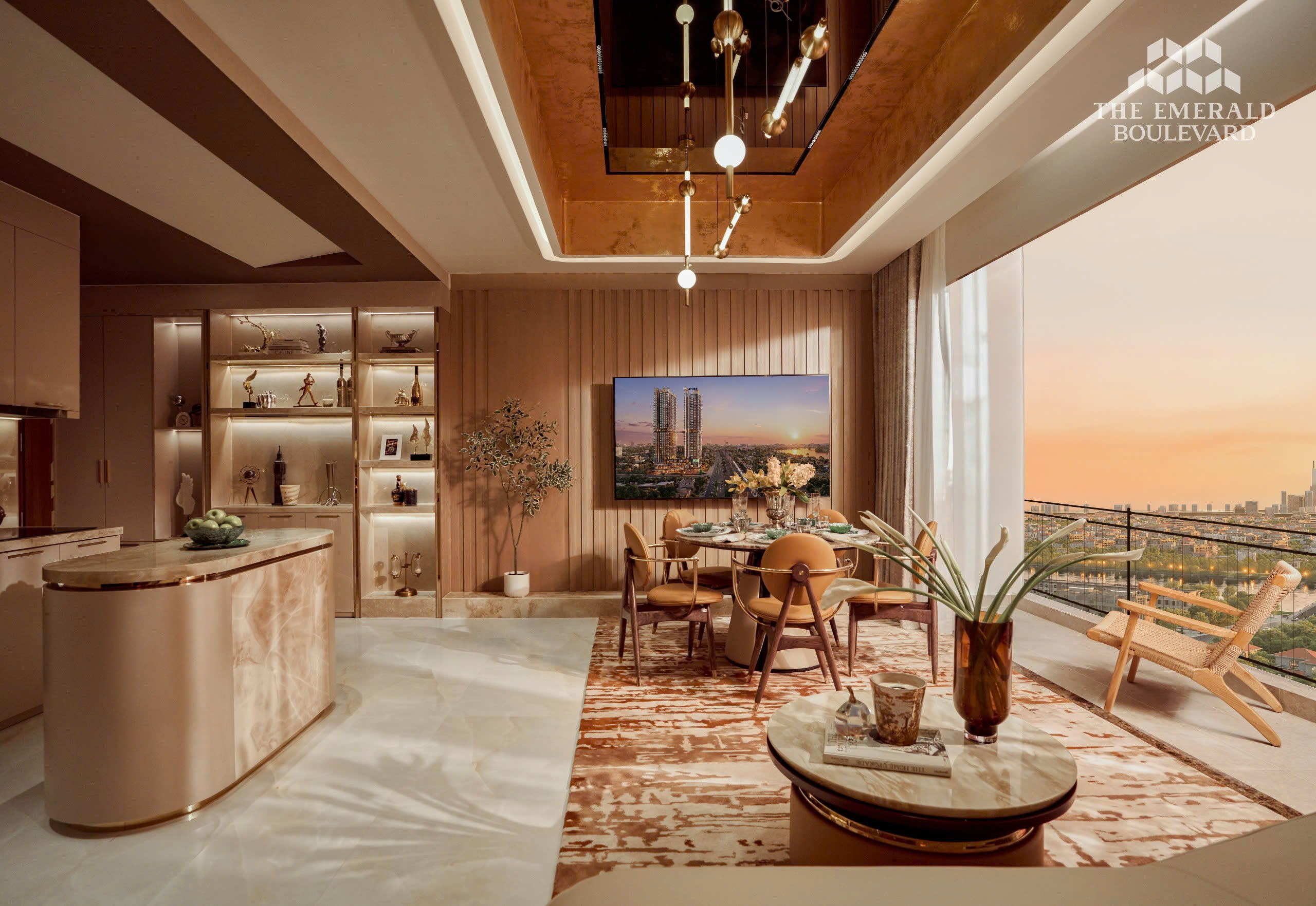 Không gian phòng khách và bếp căn hộ mẫu 3PN The Emerald Boulevard