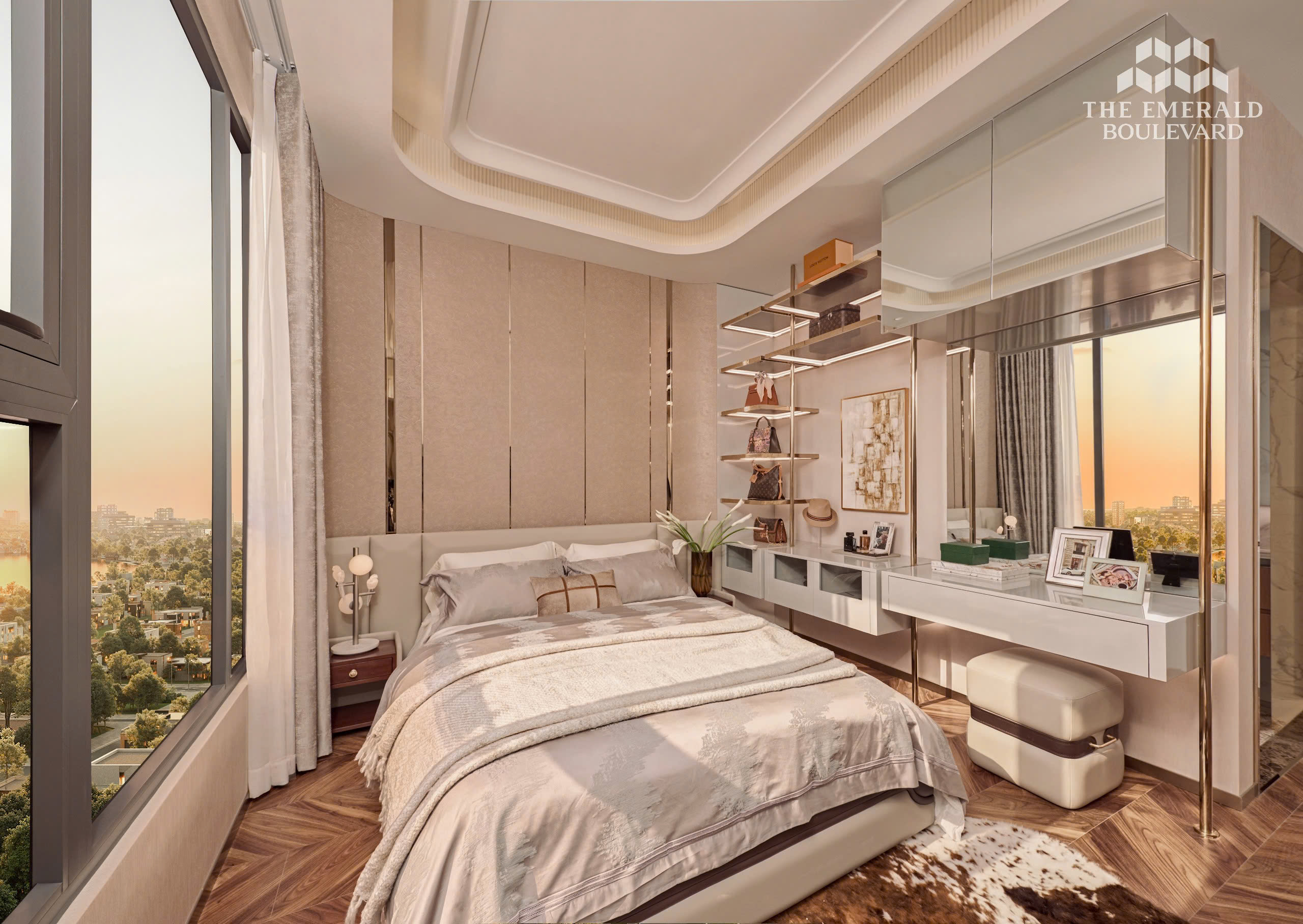 Phòng ngủ master với hệ tủ căn hộ mẫu 3PN The Emerald Boulevard