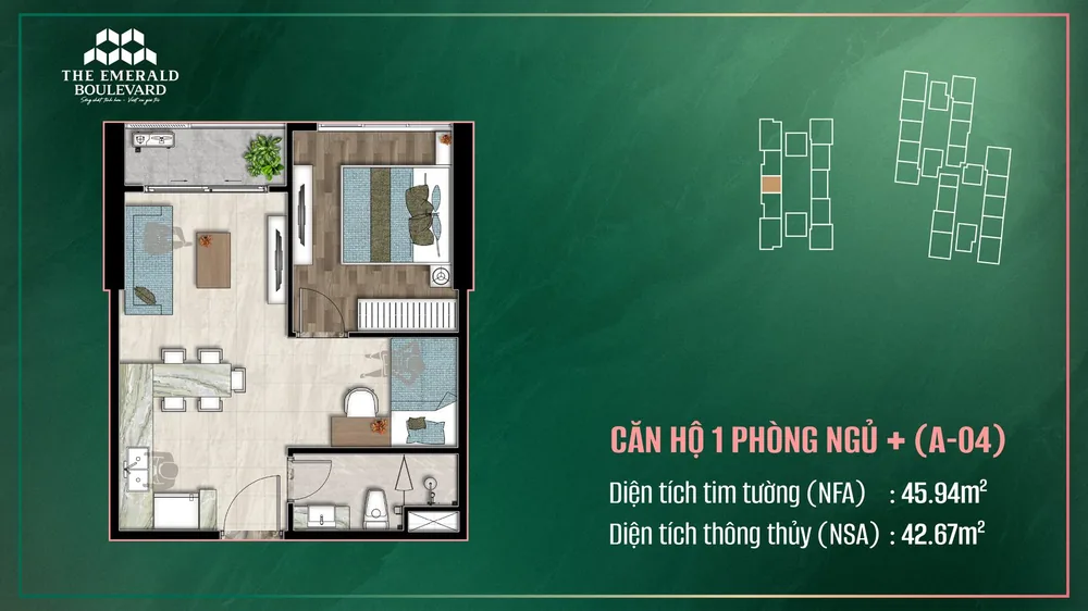 Layout căn 1PN+ tại The Emerald Boulevard