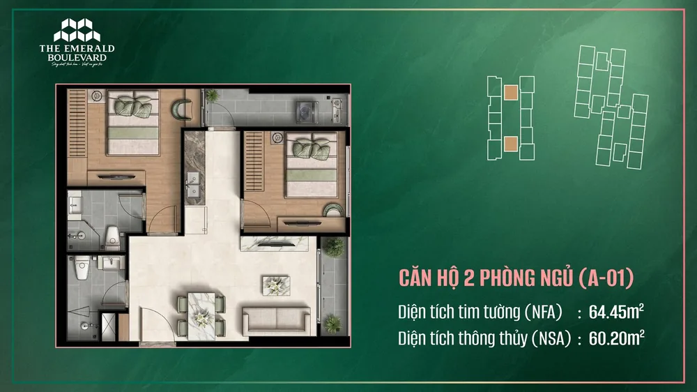 Mặt bằng căn hộ 2PN A07.01 The Emerald Boulevard