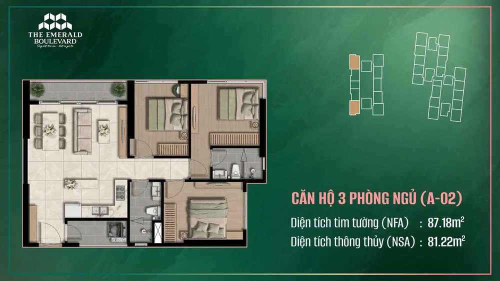 Mặt bằng căn hộ 3PN A07.02 The Emerald Boulevard