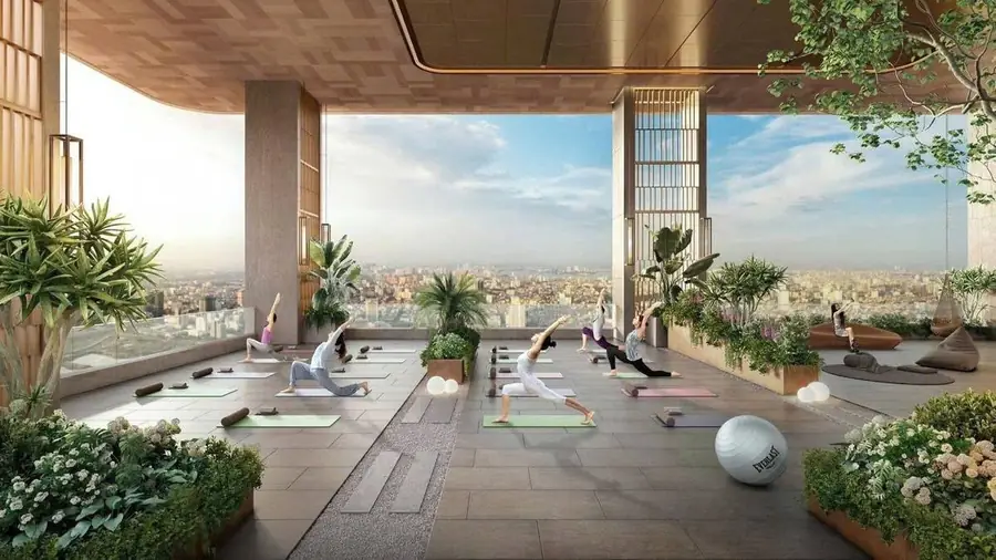 Sân yoga fitness ngoài trời tầng cao căn hộ The Emerald Boulevard Thuận An view toàn cảnh TP.HCM
